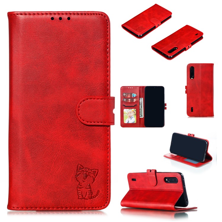 Patrón de Gato Impreso de Gato de Cuero de Billetera de Cuero Para Xiaomi Mi Cc9e / Mi A3 - Rojo