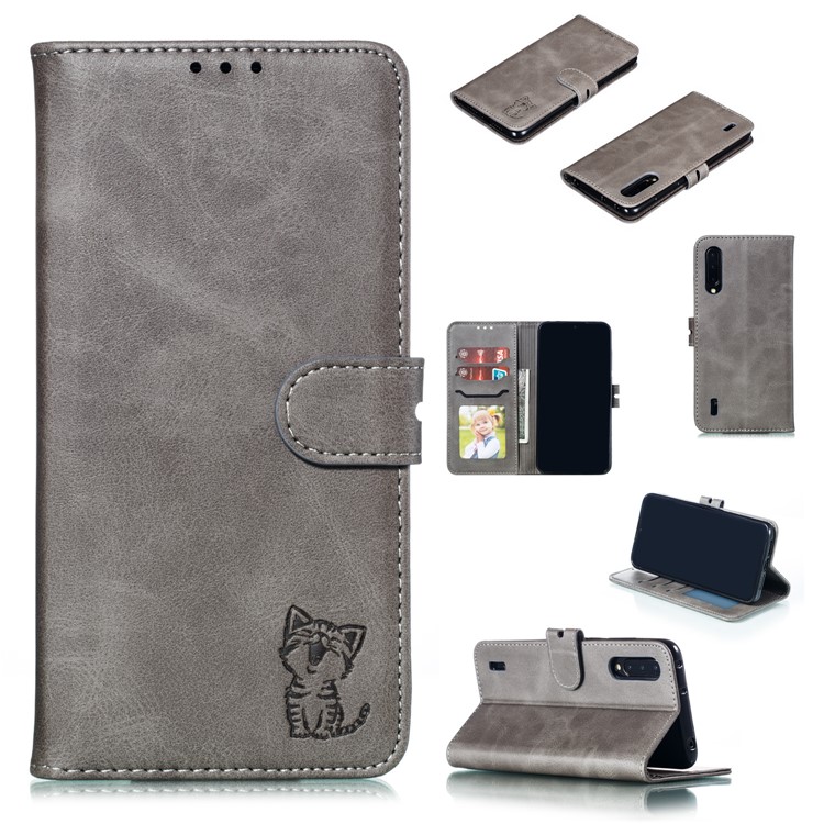 Imprinted Cat Pattern Leather Wallet Stand Casing for Xiaomi Mi CC9e / Mi A3 - Grey-1