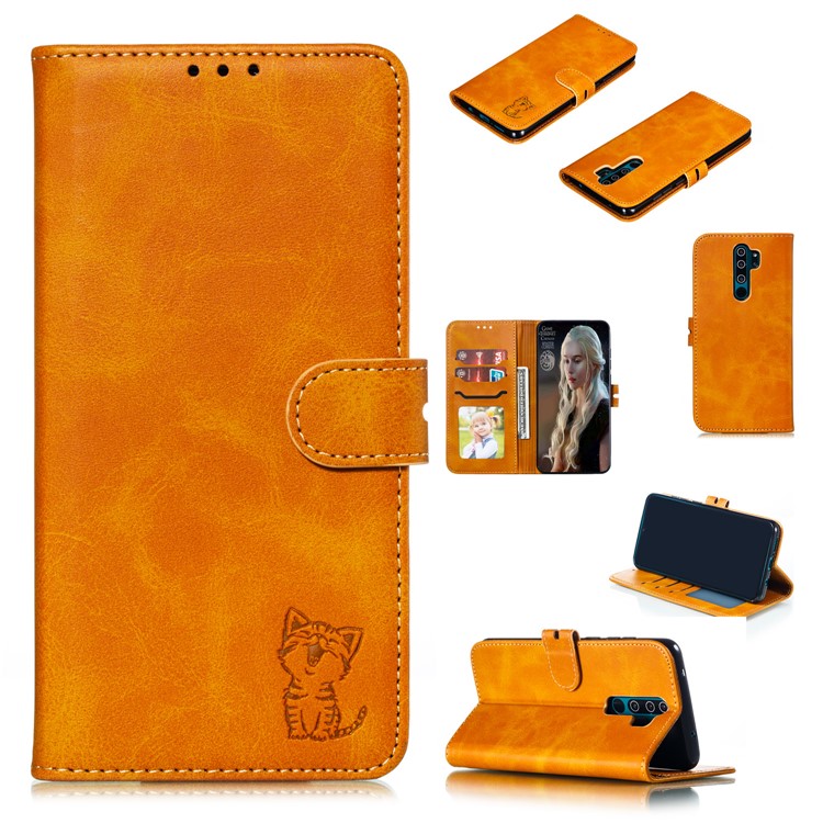 Imprinted Cat Pattern Leather Wallet Stand Case for Xiaomi Redmi Note 8 Pro - Brown-1