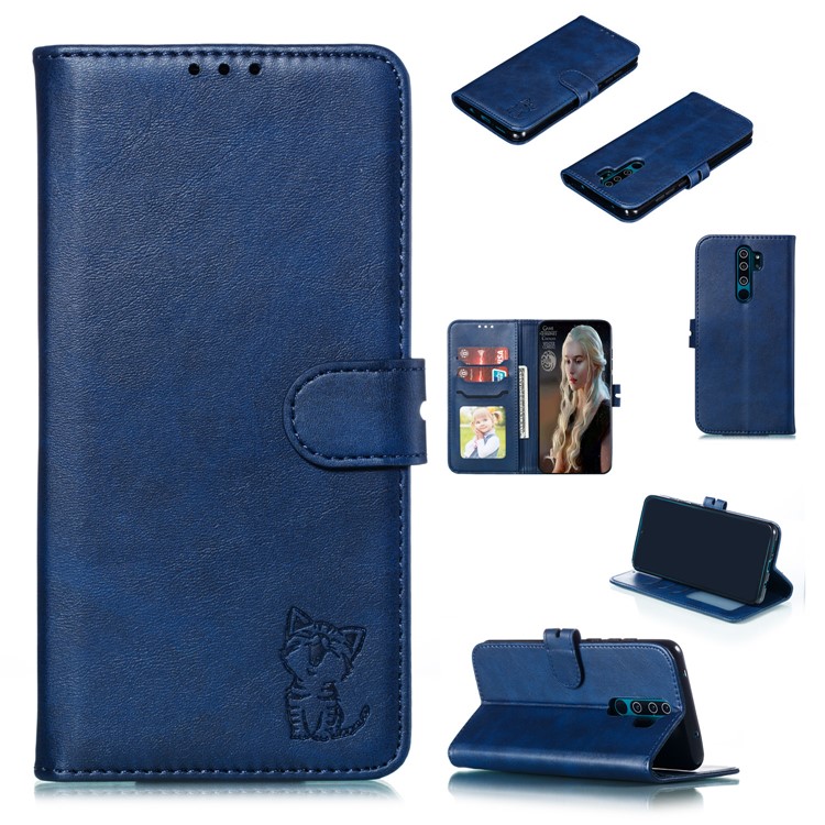 Imprinted Cat Pattern Leather Wallet Stand Case for Xiaomi Redmi Note 8 Pro - Blue-1