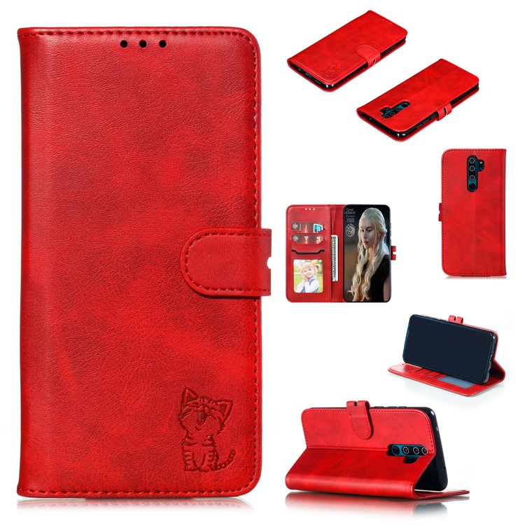Imprinted Cat Pattern Leather Wallet Stand Case for Xiaomi Redmi Note 8 Pro - Red-1