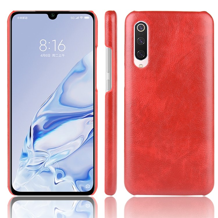 Litchi Texture Surface Leather Coated Hard PC Phone Case for Xiaomi Mi 9 Pro 5G - Red-1