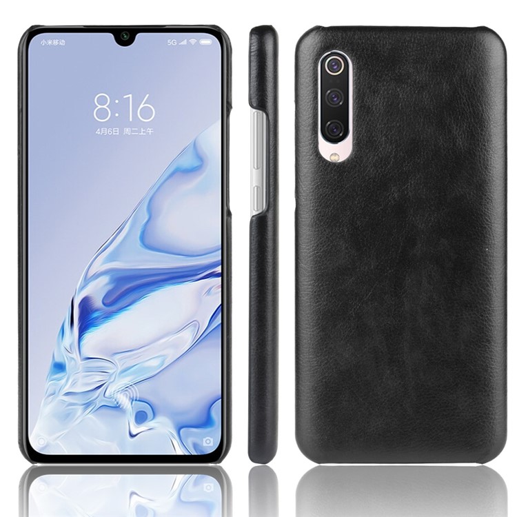 Litchi Texture Surface Leather Coated Hard PC Phone Case for Xiaomi Mi 9 Pro 5G - Black-1