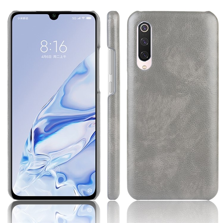 Litchi Texture Surface Leather Coated Hard PC Phone Case for Xiaomi Mi 9 Pro 5G - Grey-1