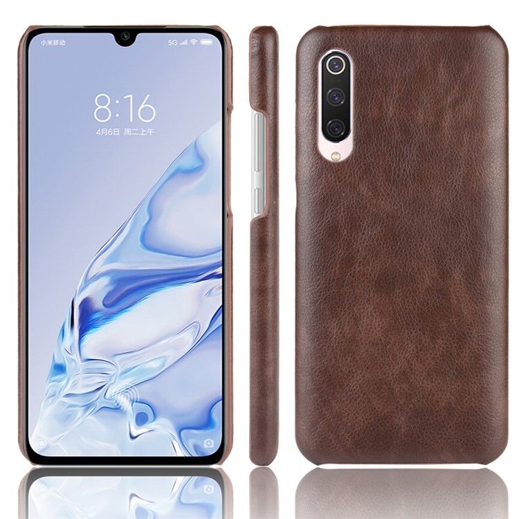 Litchi Texture Surface Leather Coated Hard PC Phone Case for Xiaomi Mi 9 Pro 5G - Brown-1