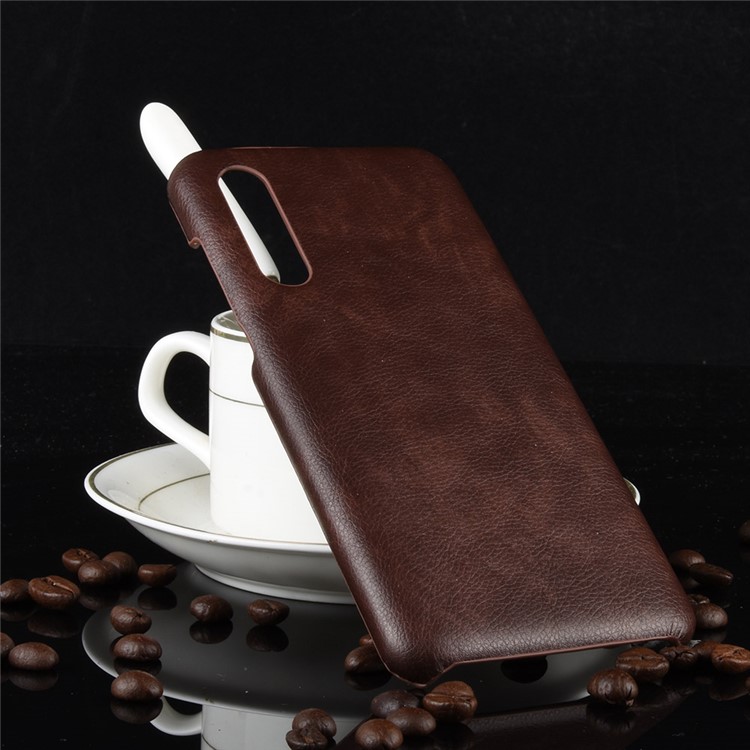 Litchi Texture Surface Leather Coated Hard PC Phone Case for Xiaomi Mi 9 Pro 5G - Brown-5