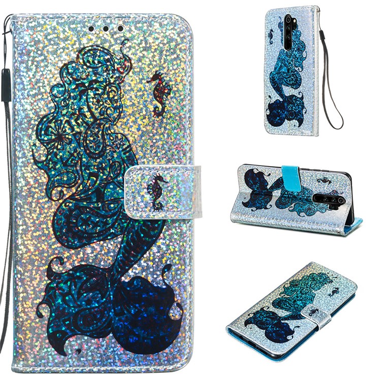 Pattern Printing Glitter Sequins Leather Wallet Phone Case for Xiaomi Redmi Note 8 Pro - Mermaid-1