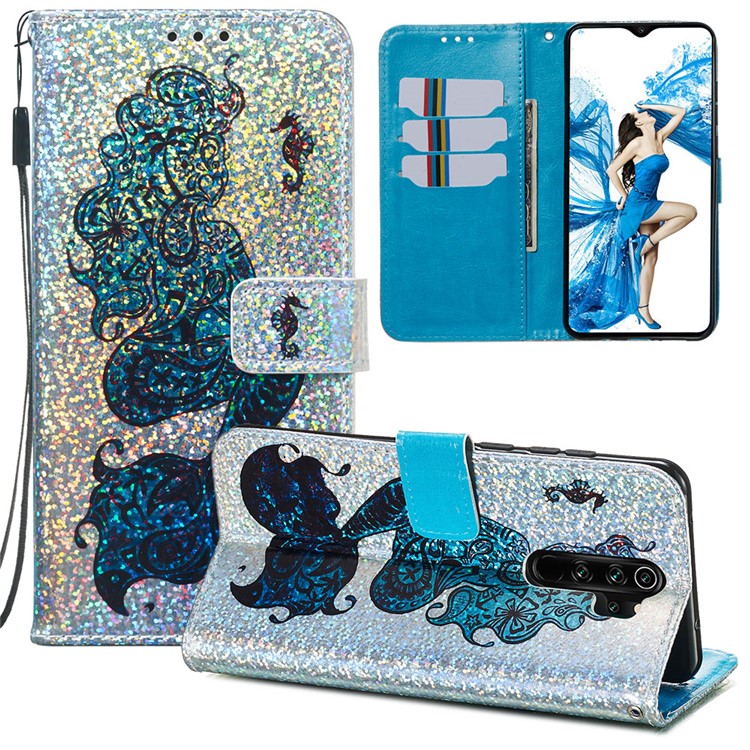 Pattern Printing Glitter Sequins Leather Wallet Phone Case for Xiaomi Redmi Note 8 Pro - Mermaid-2