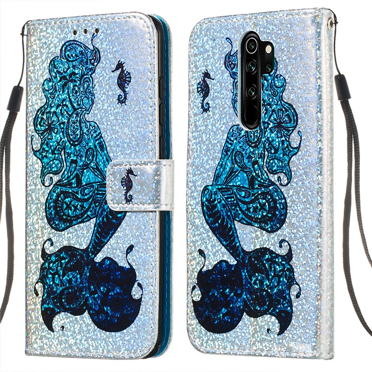 Pattern Printing Glitter Sequins Leather Wallet Phone Case for Xiaomi Redmi Note 8 Pro - Mermaid-3