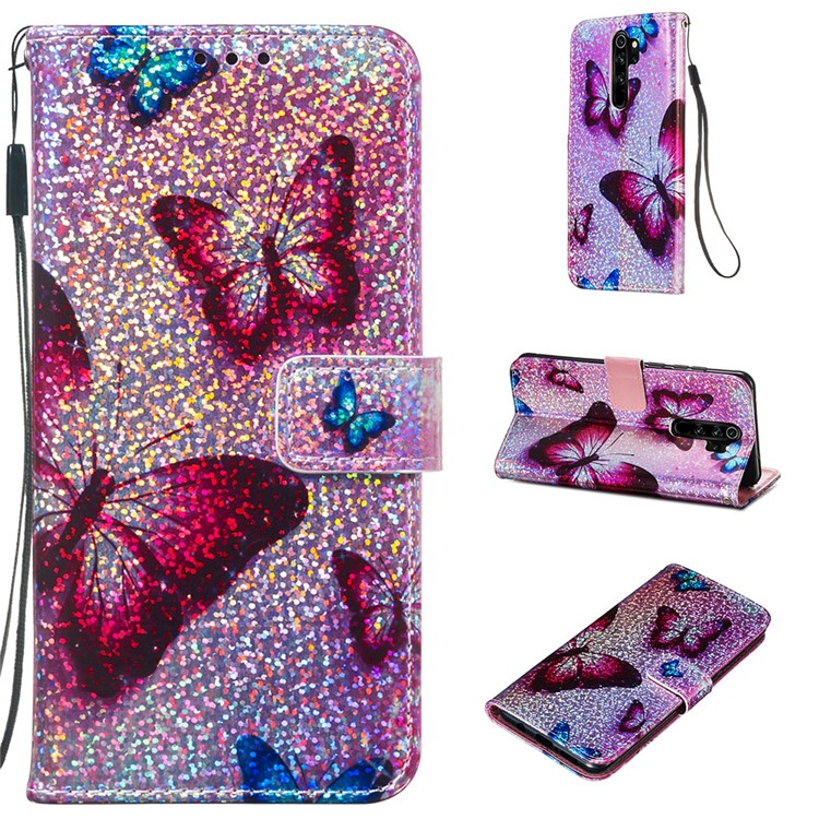 Pattern Printing Glitter Sequins Leather Wallet Phone Case for Xiaomi Redmi Note 8 Pro - Butterfly-1