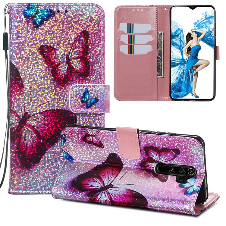 Pattern Printing Glitter Sequins Leather Wallet Phone Case for Xiaomi Redmi Note 8 Pro - Butterfly-2