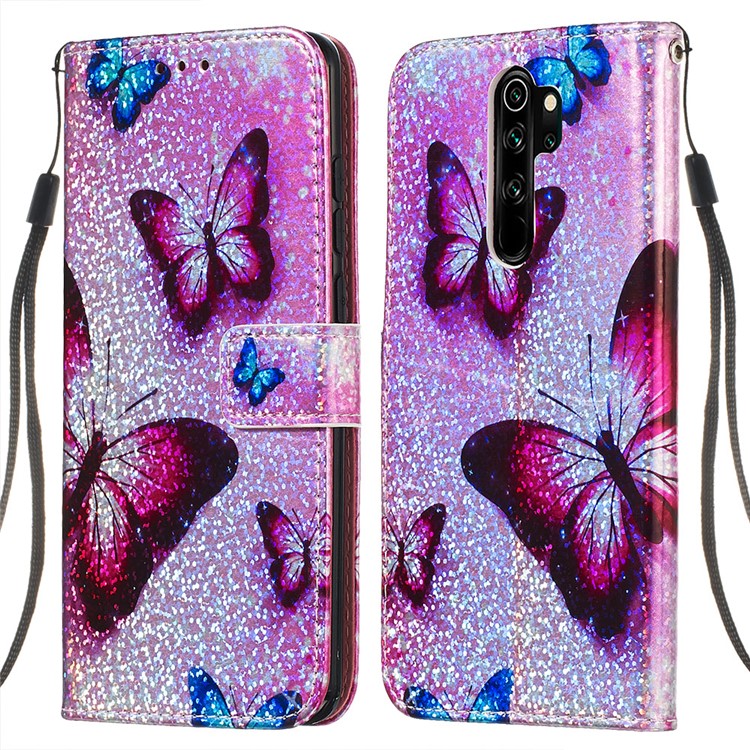 Pattern Printing Glitter Sequins Leather Wallet Phone Case for Xiaomi Redmi Note 8 Pro - Butterfly-3