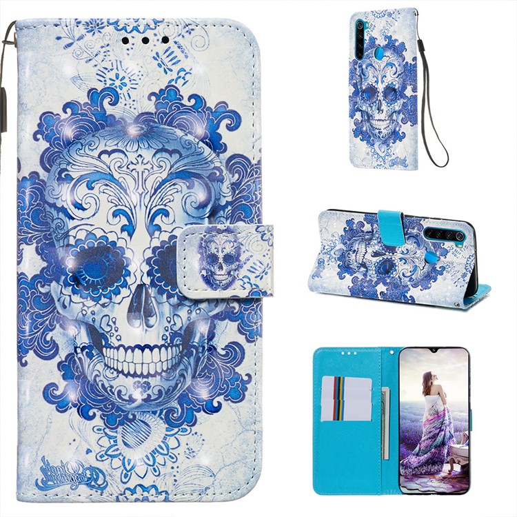 Pattern Printing PU Leather Wallet Case with Strap for Xiaomi Redmi Note 8 - Blue Skull and Flowers-1