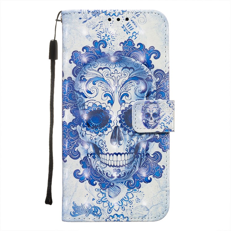 Pattern Printing PU Leather Wallet Case with Strap for Xiaomi Redmi Note 8 - Blue Skull and Flowers-2