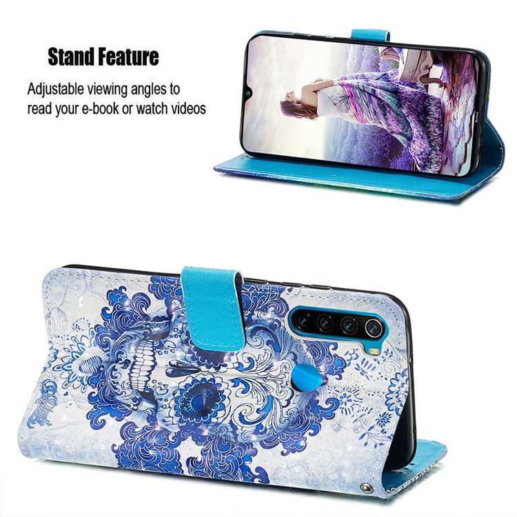 Pattern Printing PU Leather Wallet Case with Strap for Xiaomi Redmi Note 8 - Blue Skull and Flowers-3