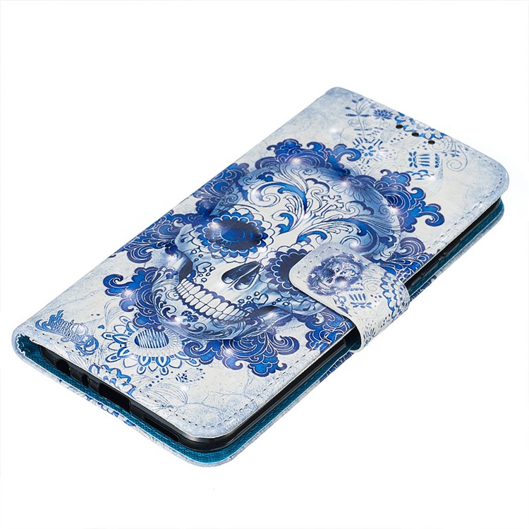 Pattern Printing PU Leather Wallet Case with Strap for Xiaomi Redmi Note 8 - Blue Skull and Flowers-5