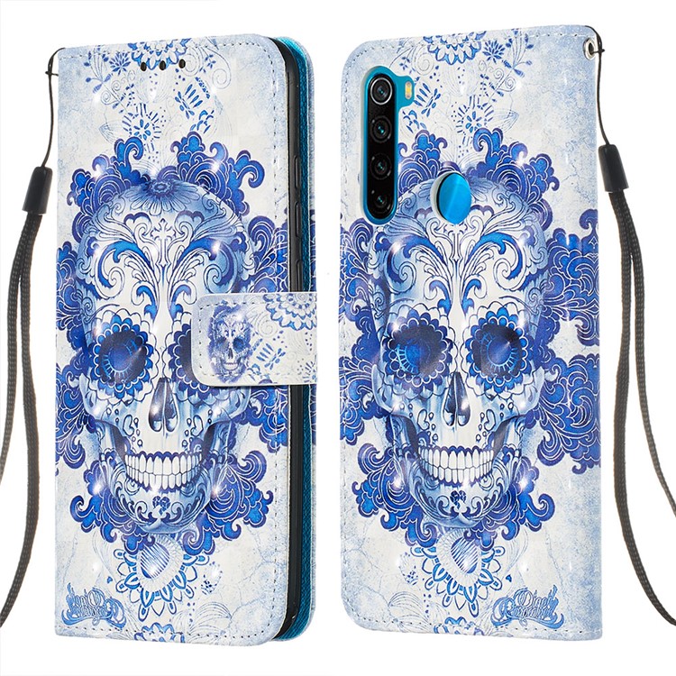 Pattern Printing PU Leather Wallet Case with Strap for Xiaomi Redmi Note 8 - Blue Skull and Flowers-6
