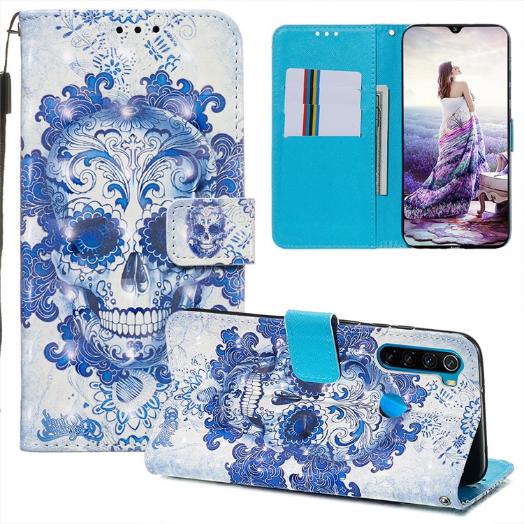 Pattern Printing PU Leather Wallet Case with Strap for Xiaomi Redmi Note 8 - Blue Skull and Flowers-7