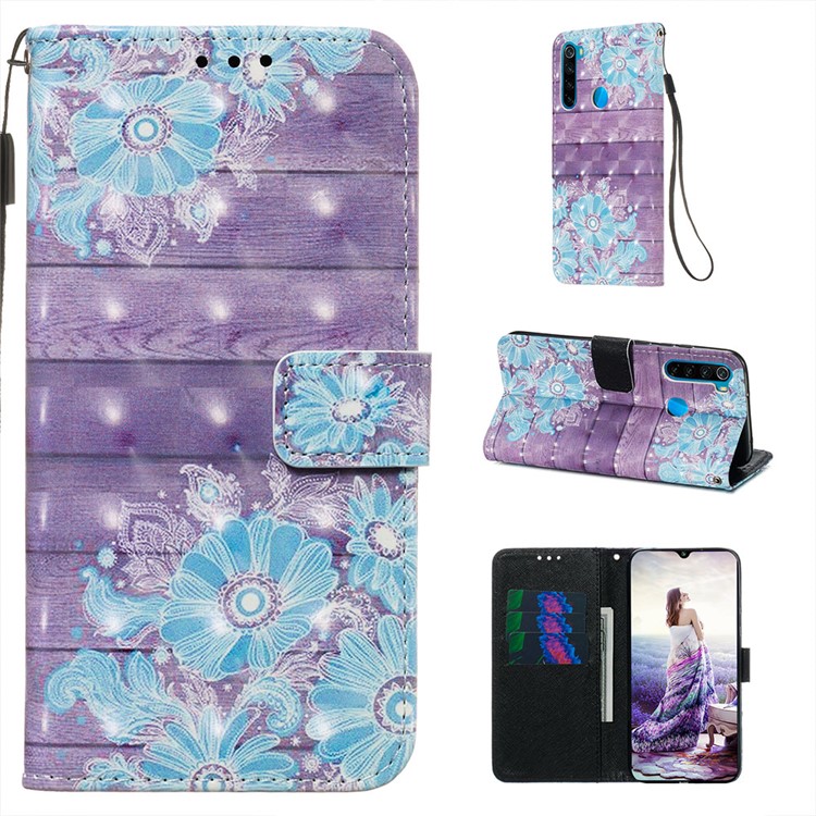 Pattern Printing PU Leather Wallet Case with Strap for Xiaomi Redmi Note 8 - Blue Flower-1