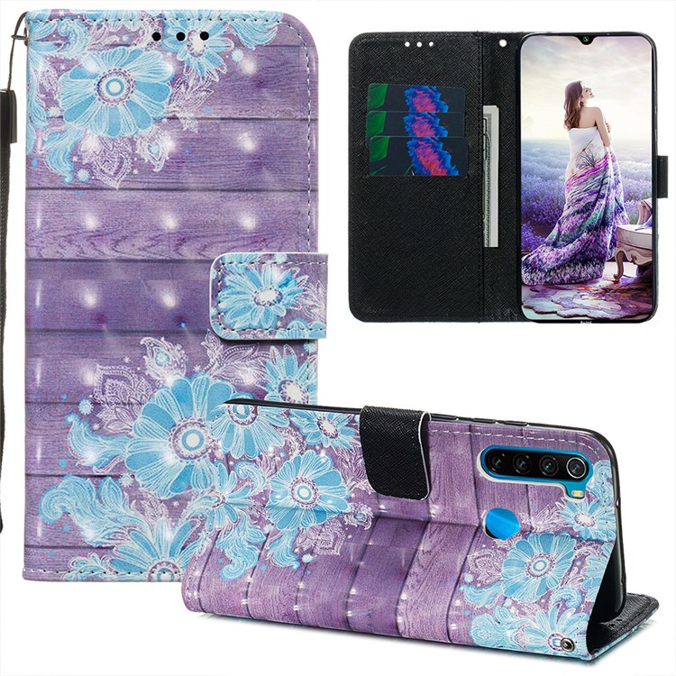 Pattern Printing PU Leather Wallet Case with Strap for Xiaomi Redmi Note 8 - Blue Flower-7