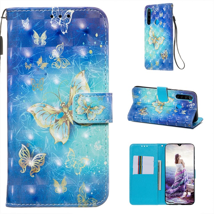 Pattern Printing PU Leather Wallet Case with Strap for Xiaomi Redmi Note 8 - Gold and Blue Butterfly-1