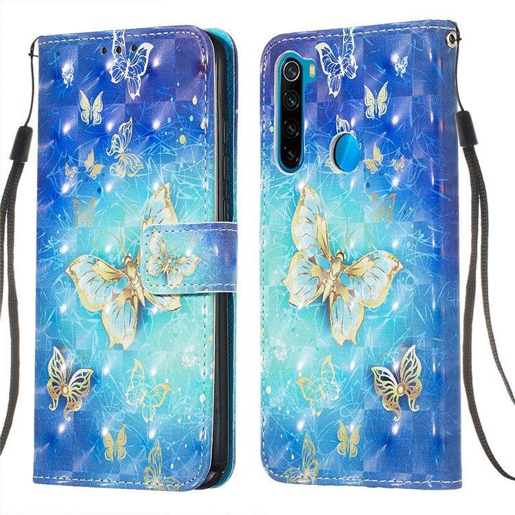 Pattern Printing PU Leather Wallet Case with Strap for Xiaomi Redmi Note 8 - Gold and Blue Butterfly-6