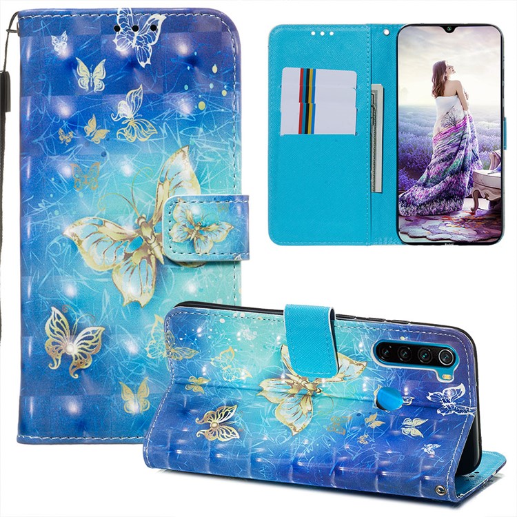 Pattern Printing PU Leather Wallet Case with Strap for Xiaomi Redmi Note 8 - Gold and Blue Butterfly-7