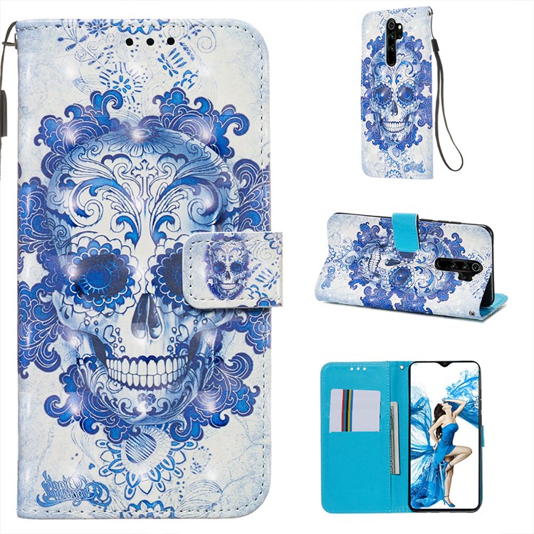 Pattern Printing PU Leather Wallet Phone Case with Strap for Xiaomi Redmi Note 8 Pro - Flowered Skull-1