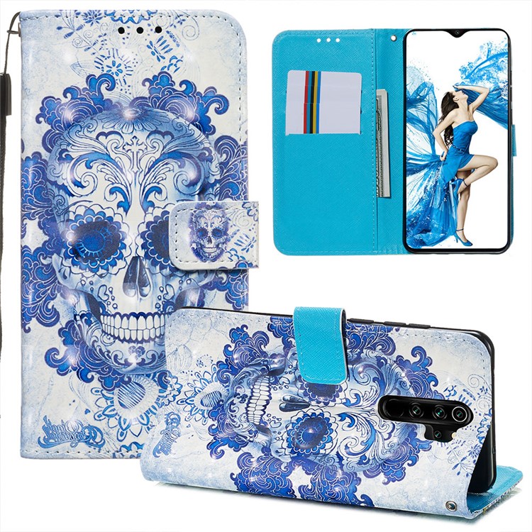 Pattern Printing PU Leather Wallet Phone Case with Strap for Xiaomi Redmi Note 8 Pro - Flowered Skull-2