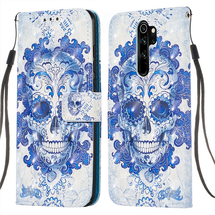 Pattern Printing PU Leather Wallet Phone Case with Strap for Xiaomi Redmi Note 8 Pro - Flowered Skull-3