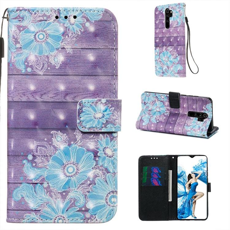 Pattern Printing PU Leather Wallet Phone Case with Strap for Xiaomi Redmi Note 8 Pro - Blue Flower-1