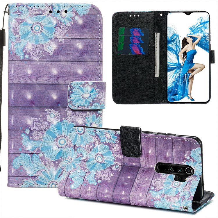 Pattern Printing PU Leather Wallet Phone Case with Strap for Xiaomi Redmi Note 8 Pro - Blue Flower-2