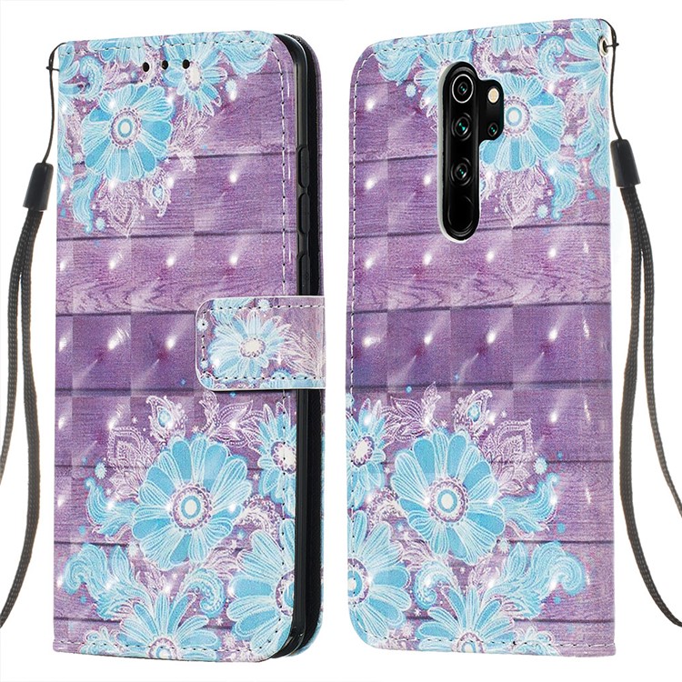 Pattern Printing PU Leather Wallet Phone Case with Strap for Xiaomi Redmi Note 8 Pro - Blue Flower-3