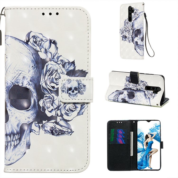 Pattern Printing PU Leather Wallet Phone Case with Strap for Xiaomi Redmi Note 8 Pro - Skull and Rose-1