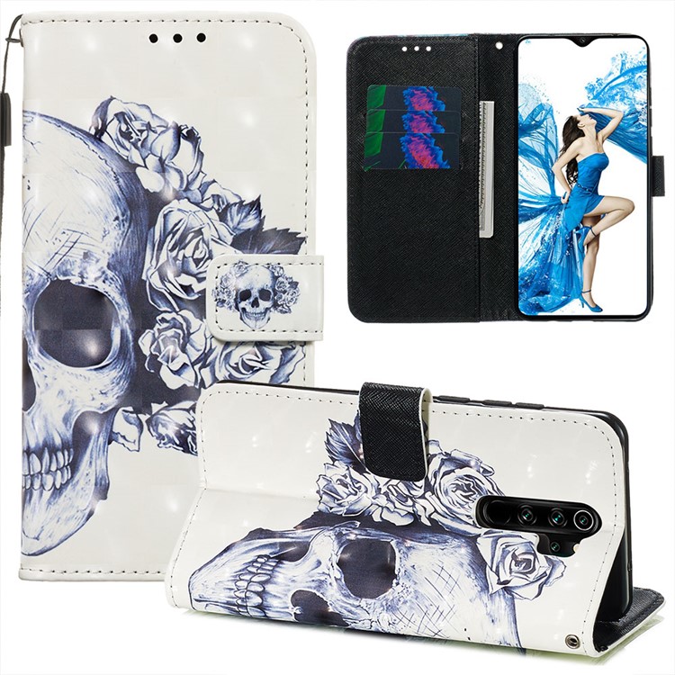 Pattern Printing PU Leather Wallet Phone Case with Strap for Xiaomi Redmi Note 8 Pro - Skull and Rose-2