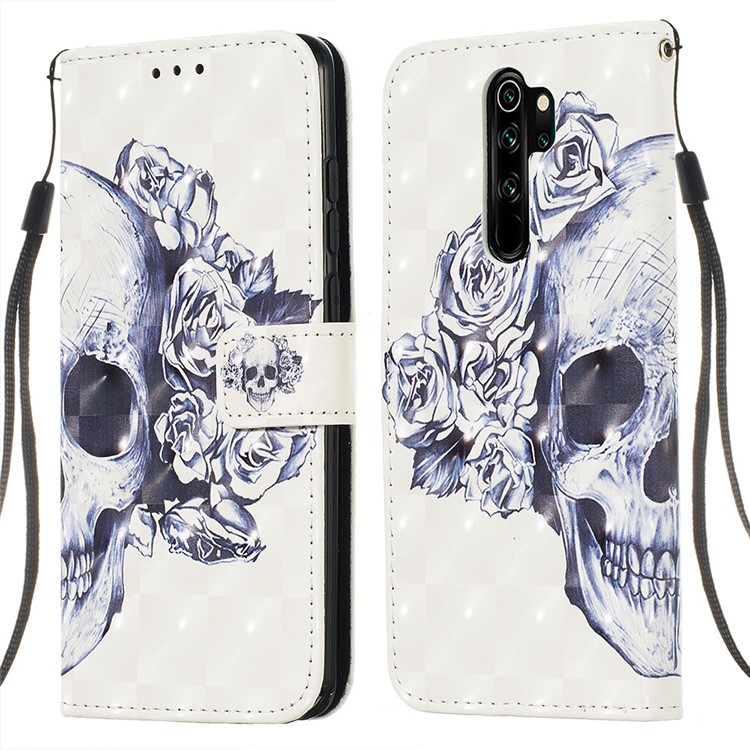 Pattern Printing PU Leather Wallet Phone Case with Strap for Xiaomi Redmi Note 8 Pro - Skull and Rose-3