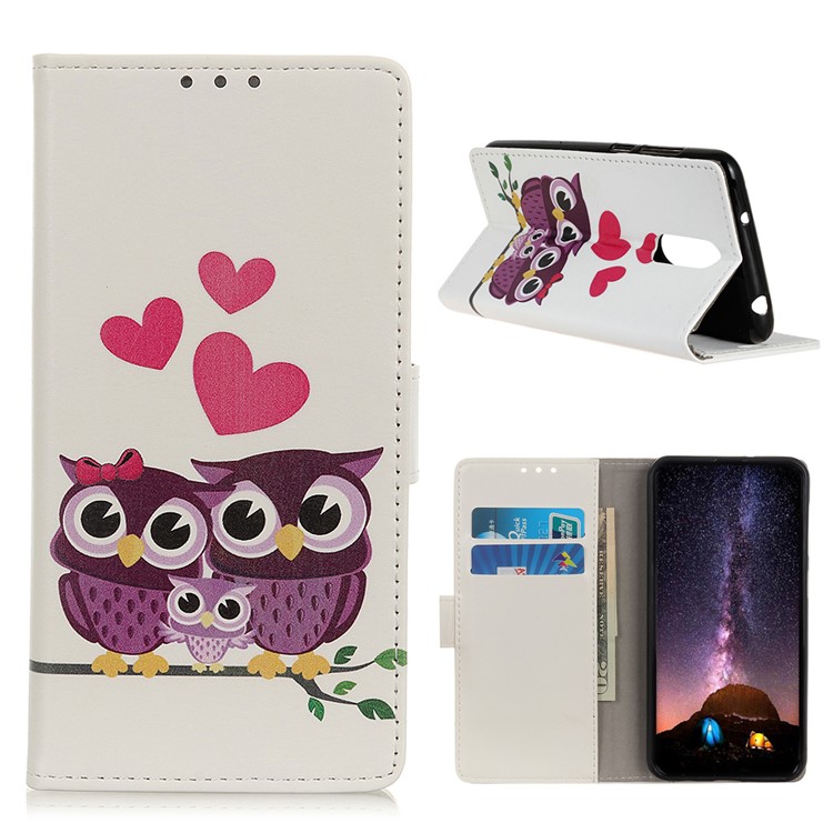 Stylish Patterned Stand Leather Phone Case Protective Shell for Xiaomi Redmi 8 - Owls and Hearts-1