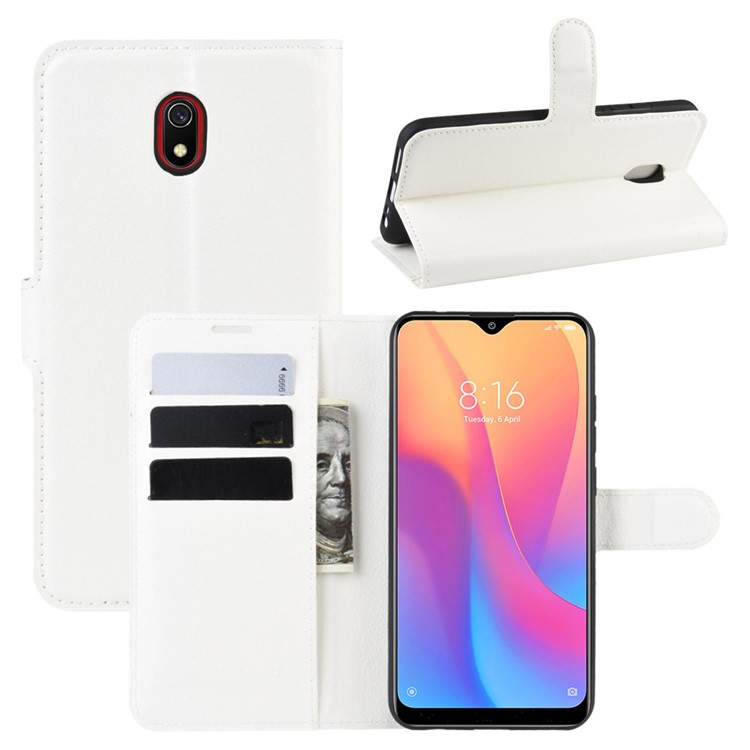 Litchi Skin Wallet Leather Stand Phone Mobile Casing Cover for Xiaomi Redmi 8A - White-1