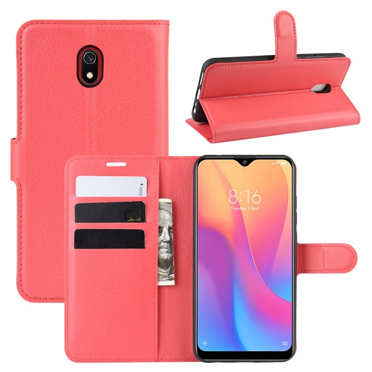 Litchi Skin Wallet Leather Stand Phone Mobile Casing Cover for Xiaomi Redmi 8A - Red-1