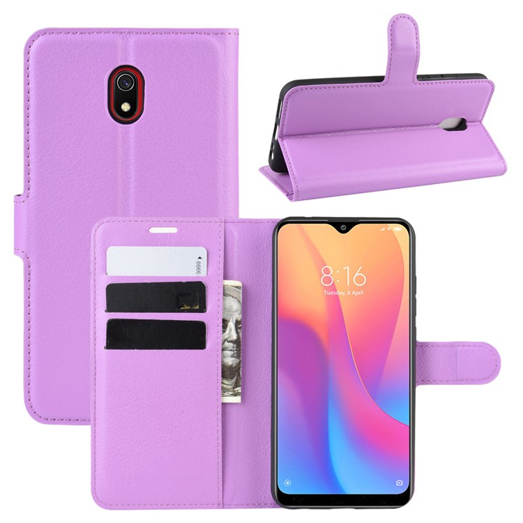 Litchi Skin Wallet Leather Stand Phone Mobile Casing Cover for Xiaomi Redmi 8A - Purple-1