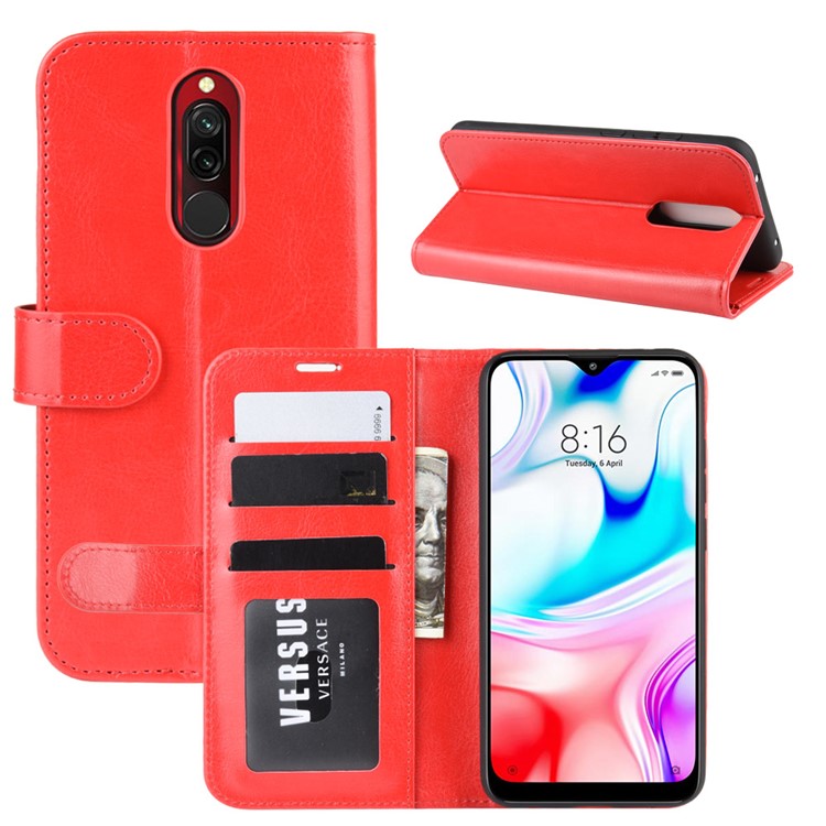 Crazy Horse Skin Wallet Leather Stand Case Shell for Xiaomi Redmi 8 - Red-1