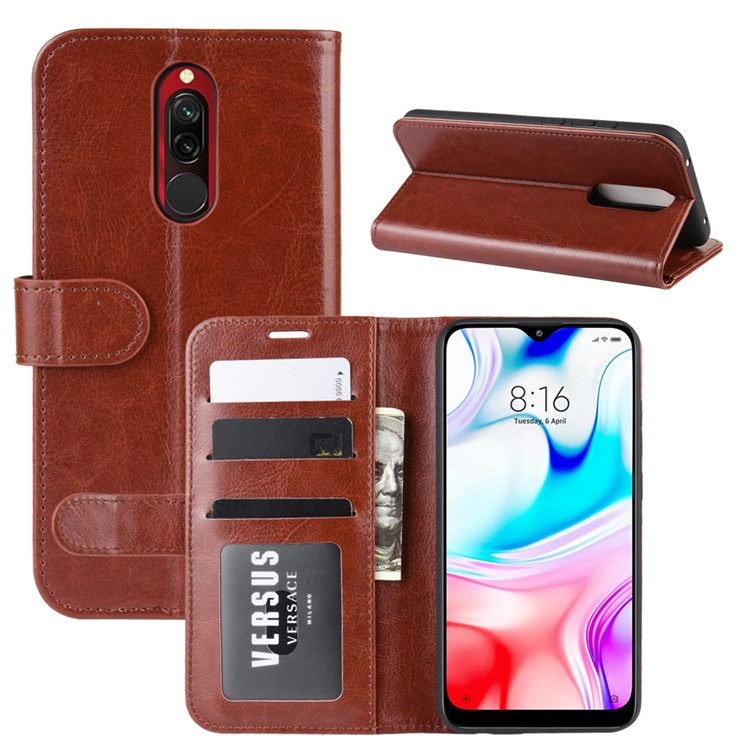 Crazy Horse Skin Wallet Leather Stand Case Shell for Xiaomi Redmi 8 - Brown-1
