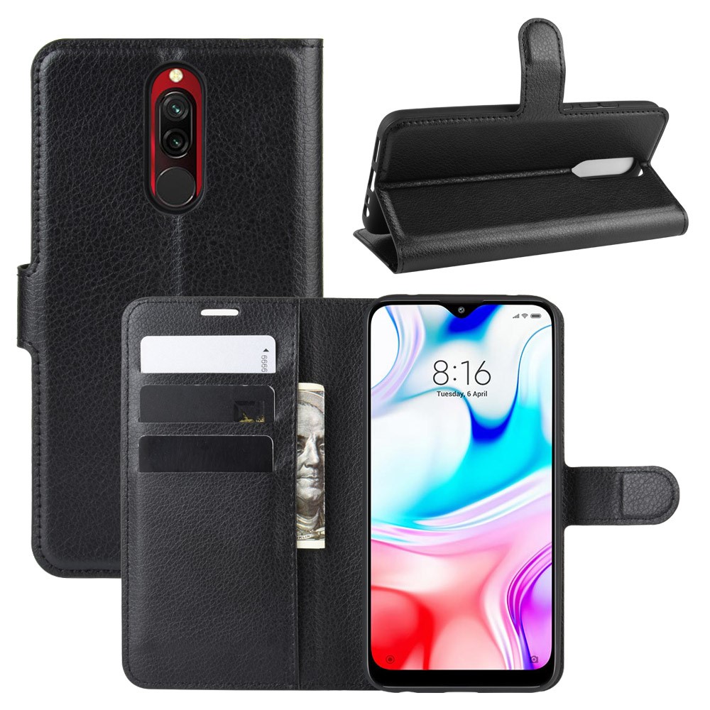 Litchi Skin Wallet Leather Cool Stand Case for Xiaomi Redmi 8 - Black-1