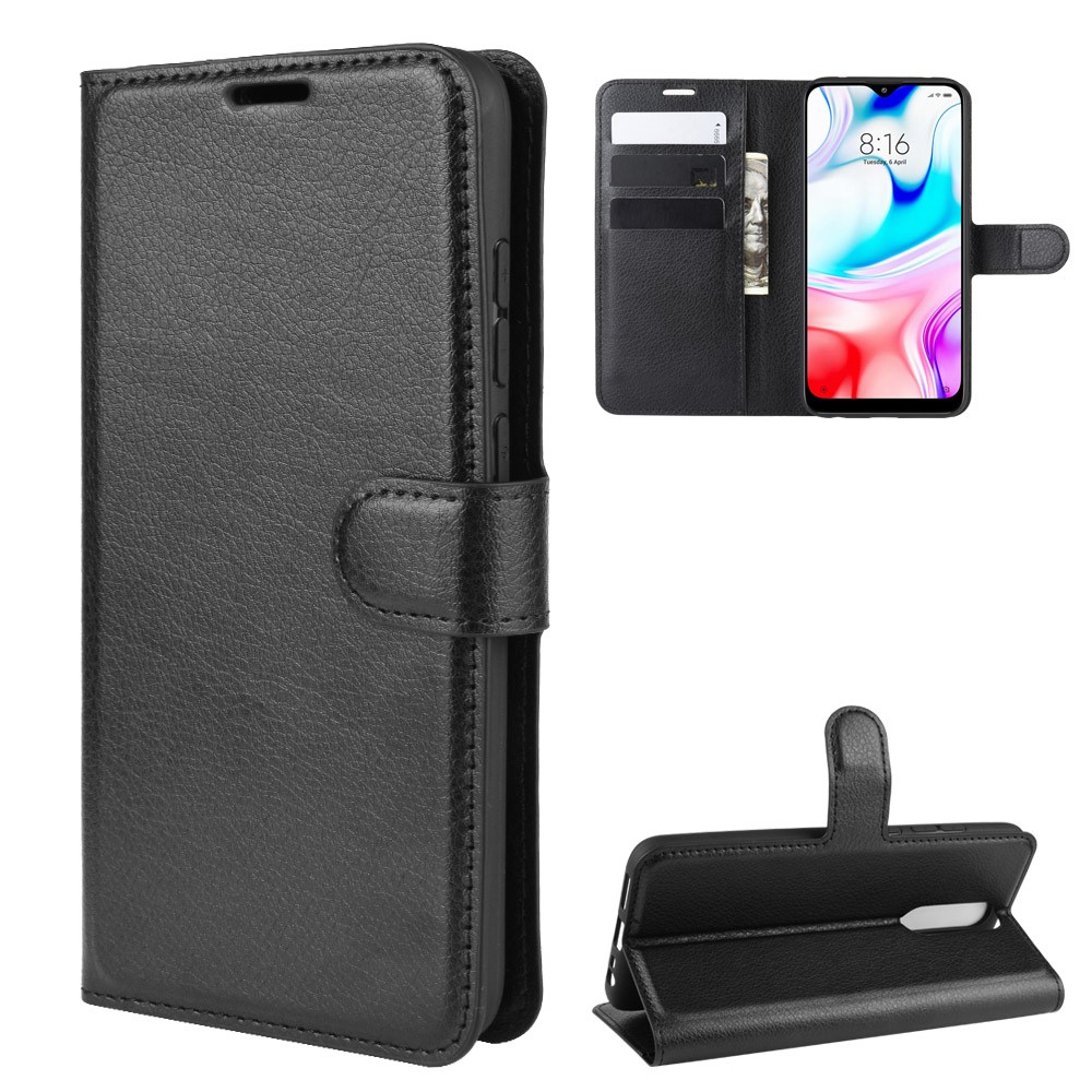 Litchi Skin Wallet Leather Stand Cool Stand Caso Para Xiaomi Redmi 8 - Preto