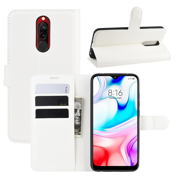 Litchi Skin Wallet Leather Cool Stand Case for Xiaomi Redmi 8 - White-1