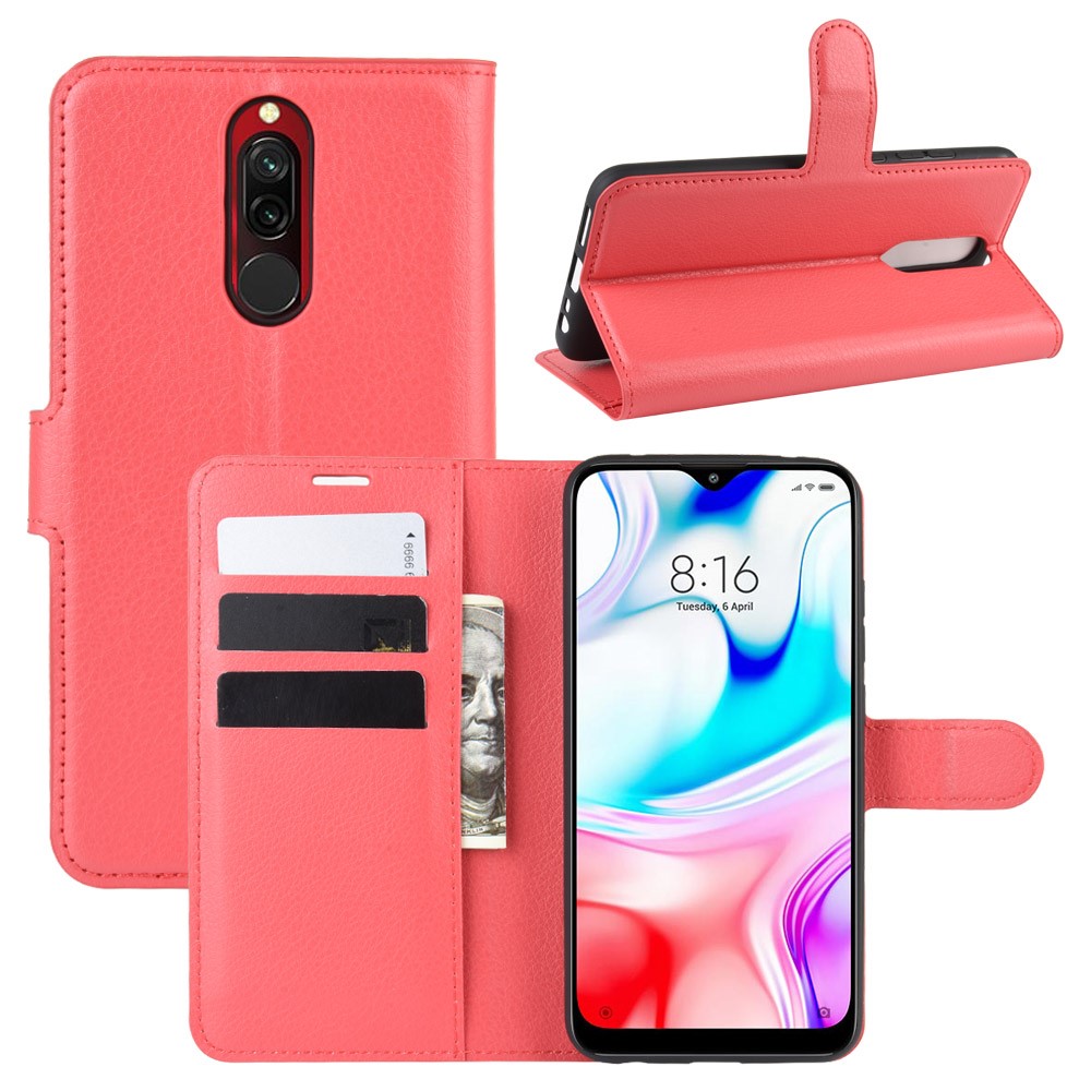 Litchi Skin Wallet Leather Cool Stand Case for Xiaomi Redmi 8 - Red-1