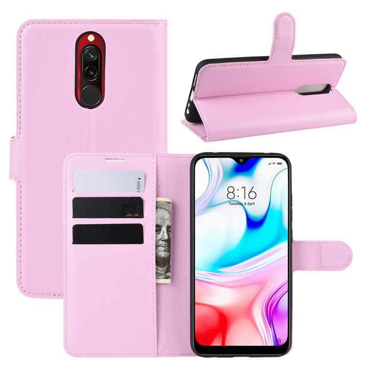 Litchi Skin Wallet Leather Cool Stand Case for Xiaomi Redmi 8 - Pink-1