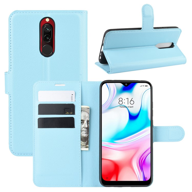 Litchi Skin Wallet Leather Cool Stand Case for Xiaomi Redmi 8 - Blue-1