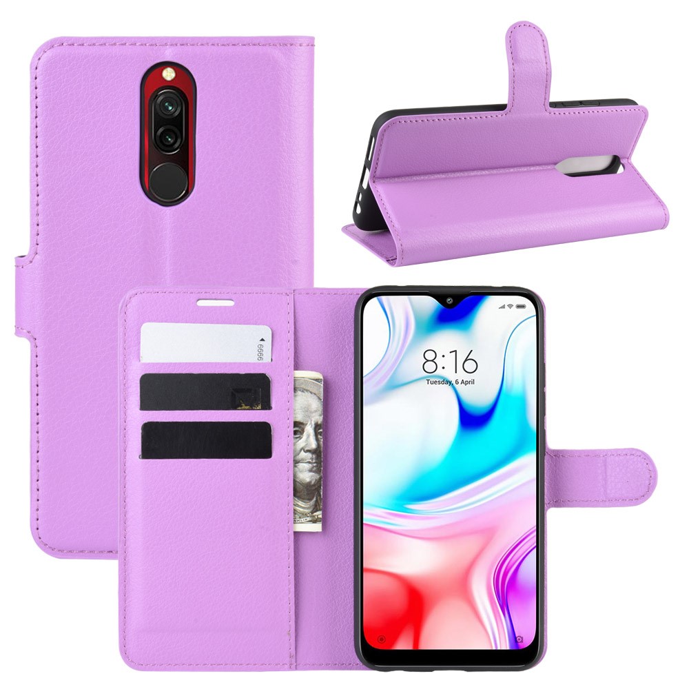 Litchi Skin Wallet Leather Stand Cool Stand Caso Para Xiaomi Redmi 8 - Roxo