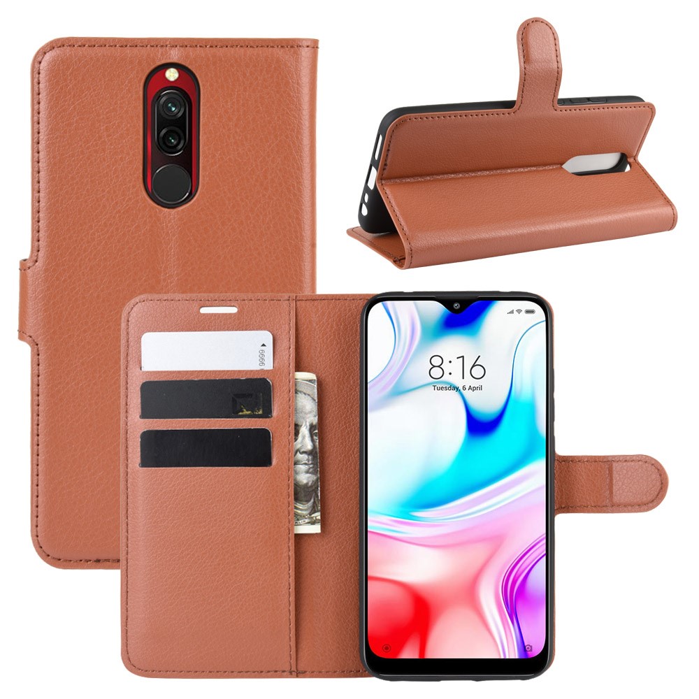 Litchi Skin Wallet Leather Cool Stand Case for Xiaomi Redmi 8 - Brown-1